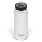 Front view from above of white 960ml stainless steel drink bottle with open clear lid and silver etched outdoor oath logo and wave icon on side.