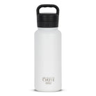 Front view of white 960ml stainless steel drink bottle with closed lid and handle. Silver etched outdoor oath logo and wave icon on side.