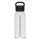 Rear view of white 960ml stainless steel drink bottle with closed lid and handle. Silver etched wave pattern on side.