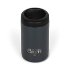 Front view from above of empty dark grey 375ml stainless steel can cooler. Silver etched outdoor oath logo and kangaroo paw icon on side.