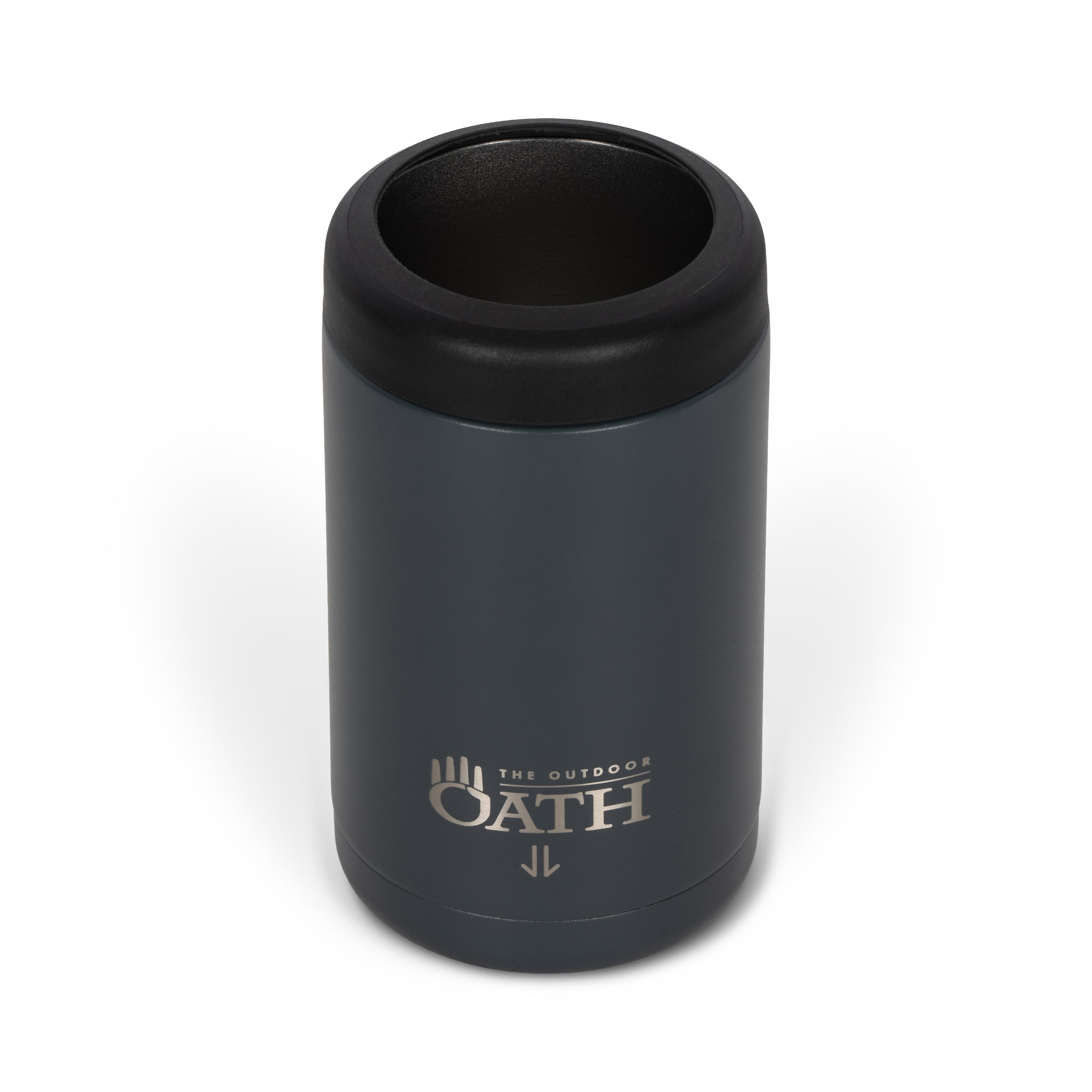 Front view from above of empty dark grey 375ml stainless steel can cooler. Silver etched outdoor oath logo and kangaroo paw icon on side.