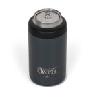 Front view from above of dark grey 375ml stainless steel can cooler with drink can inside. Silver etched outdoor oath logo and kangaroo paw icon on side.