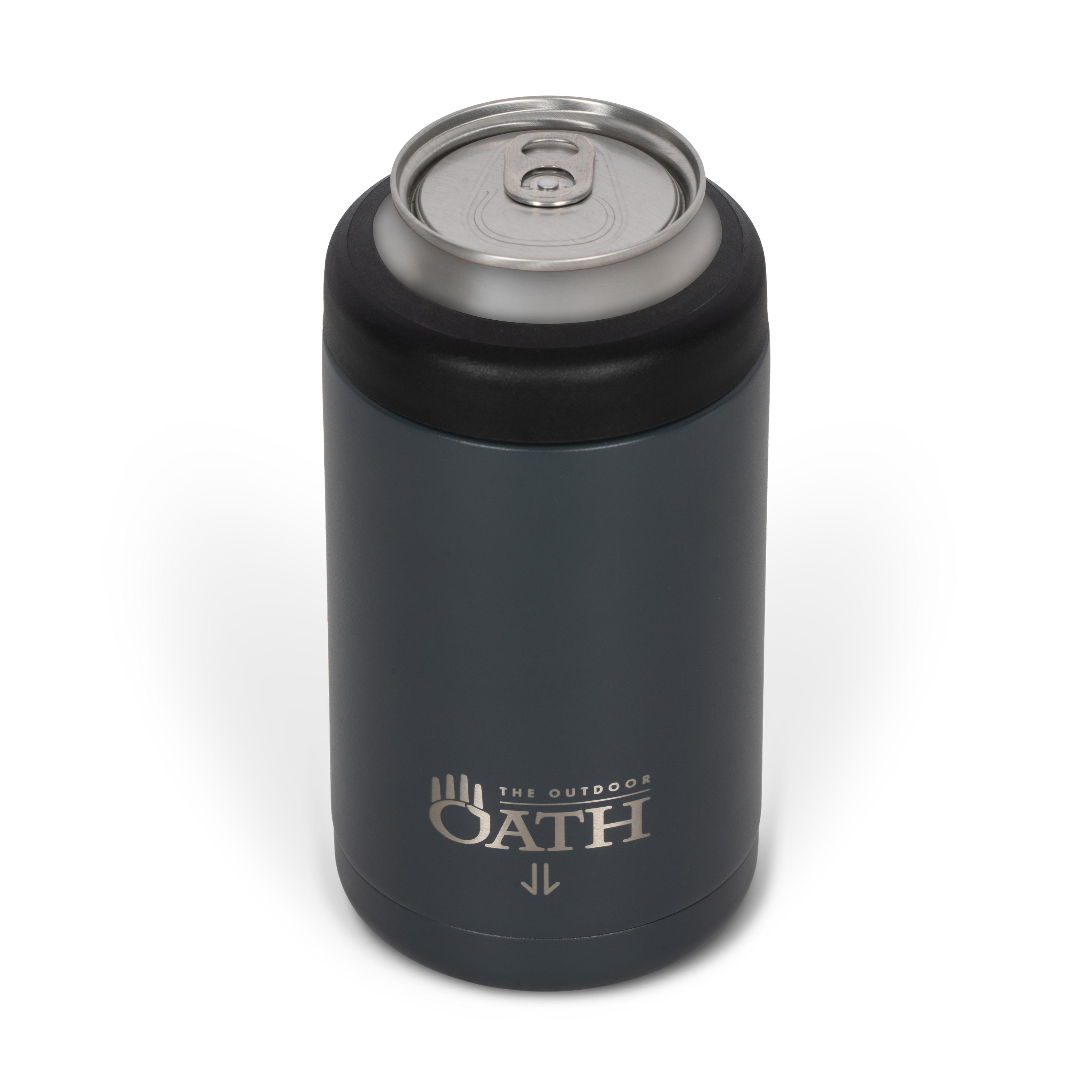 Front view from above of dark grey 375ml stainless steel can cooler with drink can inside. Silver etched outdoor oath logo and kangaroo paw icon on side.