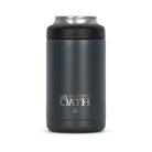 Front view of dark grey 375ml stainless steel can cooler with drink can inside. Silver etched outdoor oath logo and kangaroo paw icon on side.