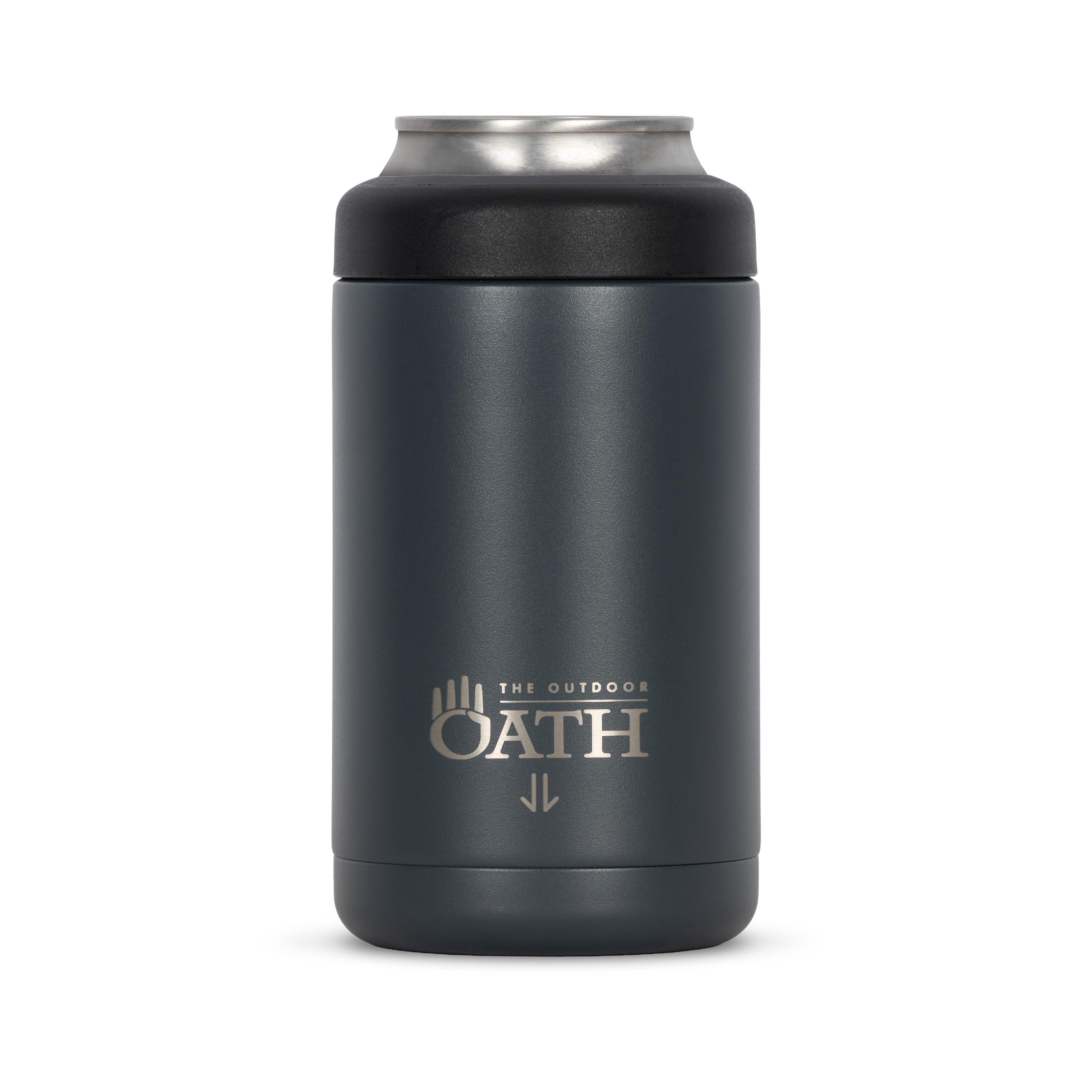 Front view of dark grey 375ml stainless steel can cooler with drink can inside. Silver etched outdoor oath logo and kangaroo paw icon on side.