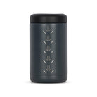 Rear view of dark grey 375ml stainless steel can cooler. Silver etched kangaroo paw track pattern on side.