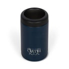 Front view from above of empty blue 375ml stainless steel can cooler. Silver etched outdoor oath logo and wave icon on side.