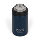 Front view from above of blue 375ml stainless steel can cooler with drink can inside. Silver etched outdoor oath logo and wave icon on side.