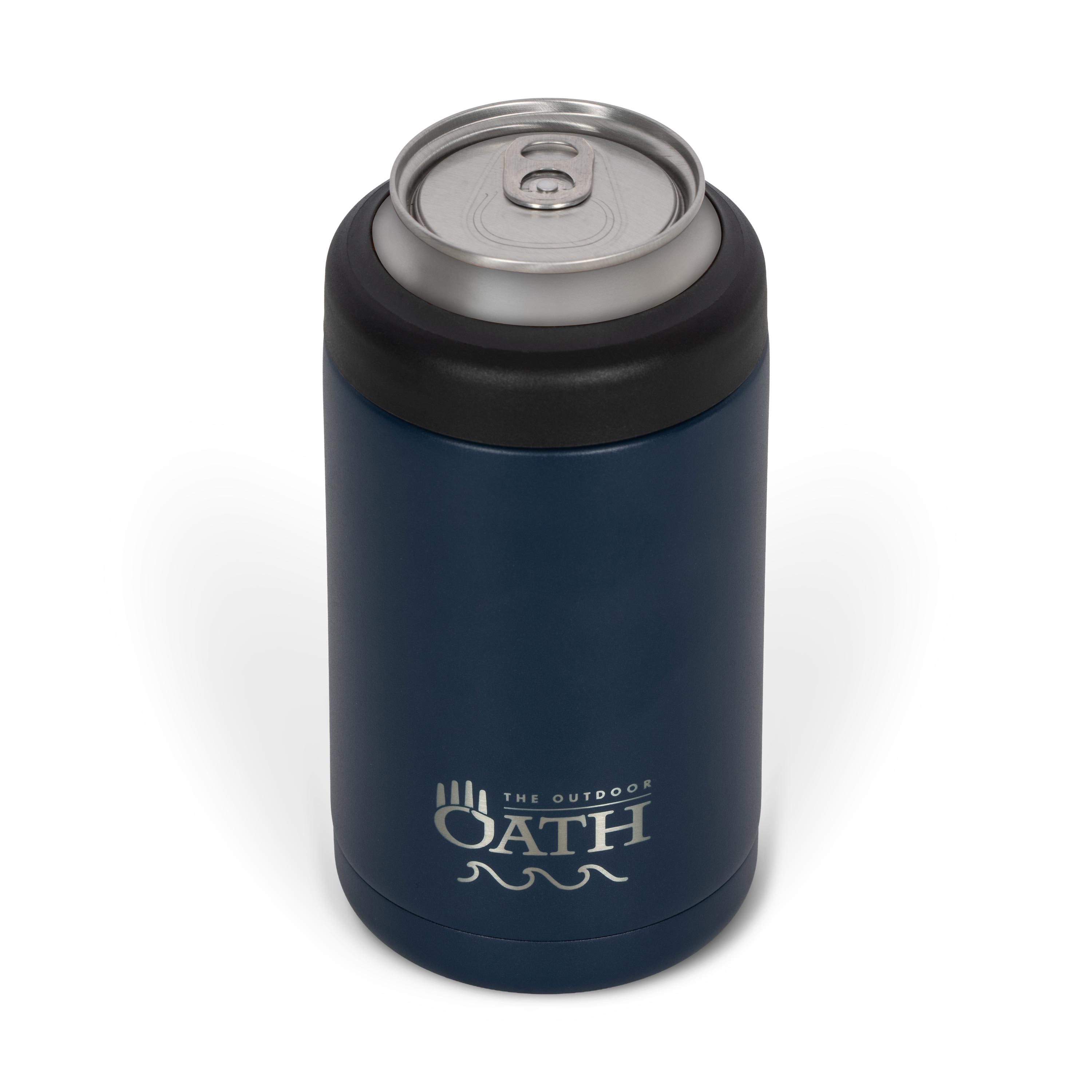 Front view from above of blue 375ml stainless steel can cooler with drink can inside. Silver etched outdoor oath logo and wave icon on side.