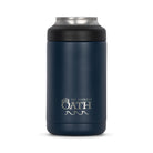 Front view of blue 375ml stainless steel can cooler with drink can inside. Silver etched outdoor oath logo and wave icon on side.
