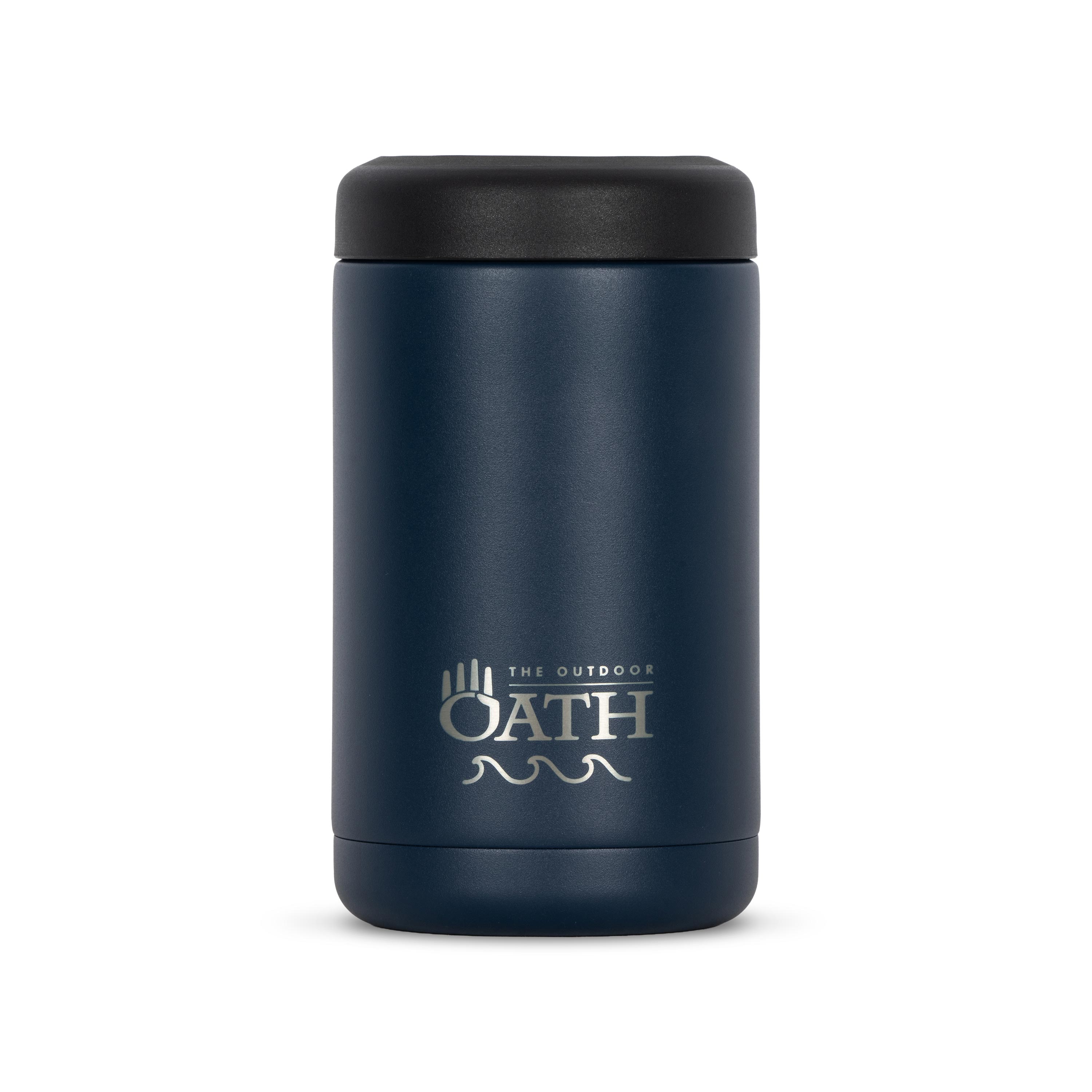 Front view of blue 375ml stainless steel can cooler. Silver etched outdoor oath logo and wave icon on side.