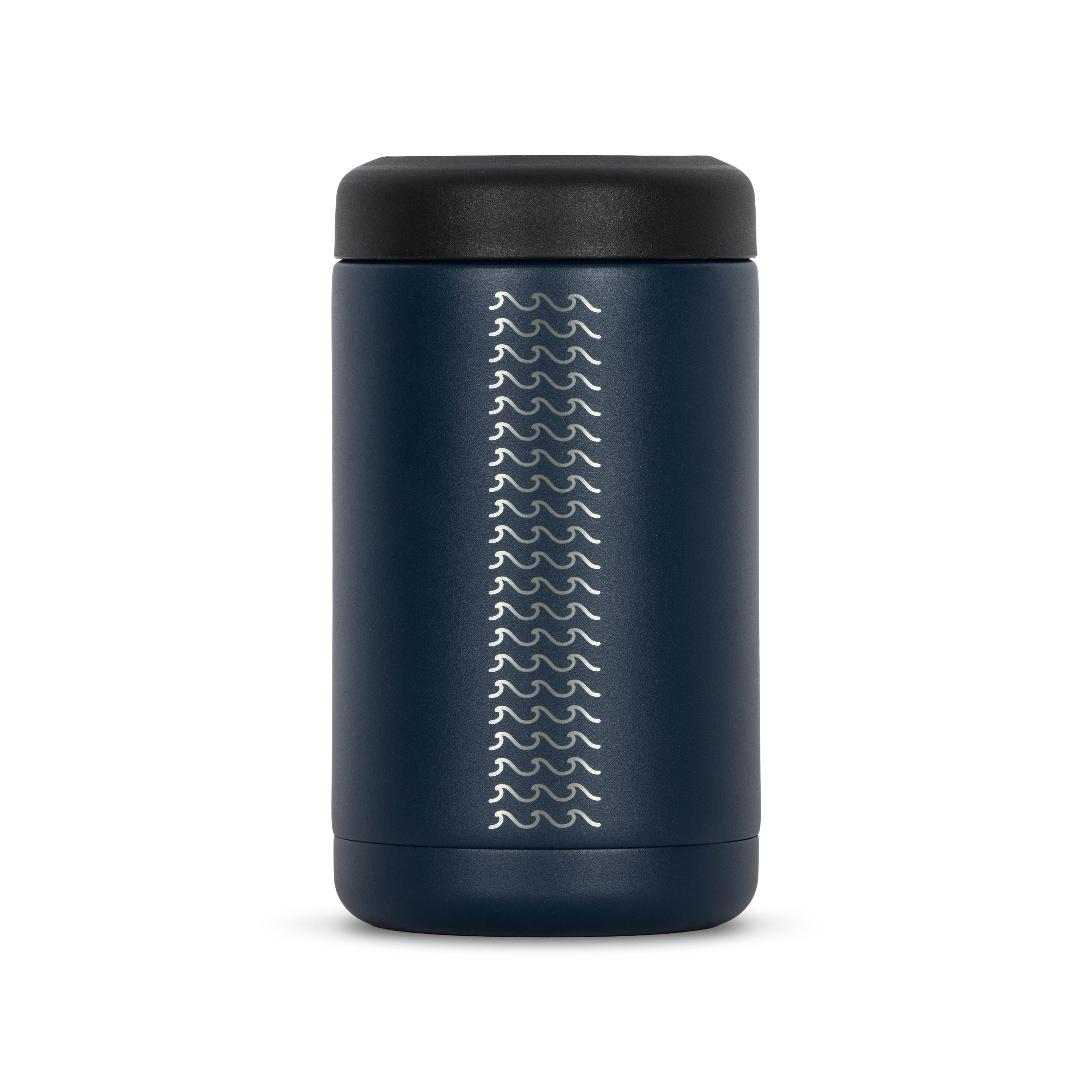Rear view of blue 375ml stainless steel can cooler. Silver etched wave pattern on side.