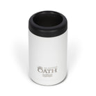 Front view from above of empty white 375ml stainless steel can cooler. Silver etched outdoor oath logo and wave icon on side.