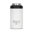Front view of white 375ml stainless steel can cooler with drink can inside. Silver etched outdoor oath logo and wave icon on side.