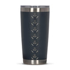 Rear view of dark grey 590ml stainless steel drink tumbler with clear lid and silver etched kangaroo paw track pattern on side.