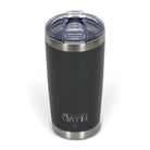 Front view from above of dark grey 590ml stainless steel drink tumbler with clear lid and silver etched outdoor oath logo and kangaroo paw icon on side.