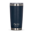 Front view of blue 590ml stainless steel drink tumbler with clear lid and silver etched outdoor oath logo and wave icon on side.
