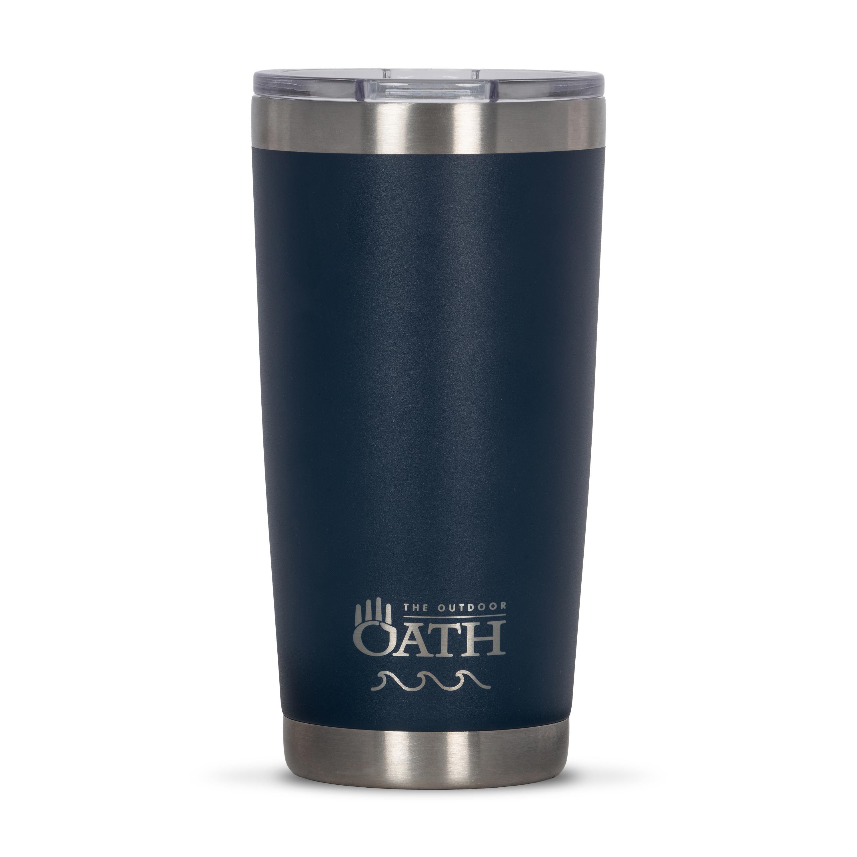 Front view of blue 590ml stainless steel drink tumbler with clear lid and silver etched outdoor oath logo and wave icon on side.