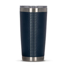 Rear view of blue 590ml stainless steel drink tumbler with clear lid and silver etched wave pattern on side.