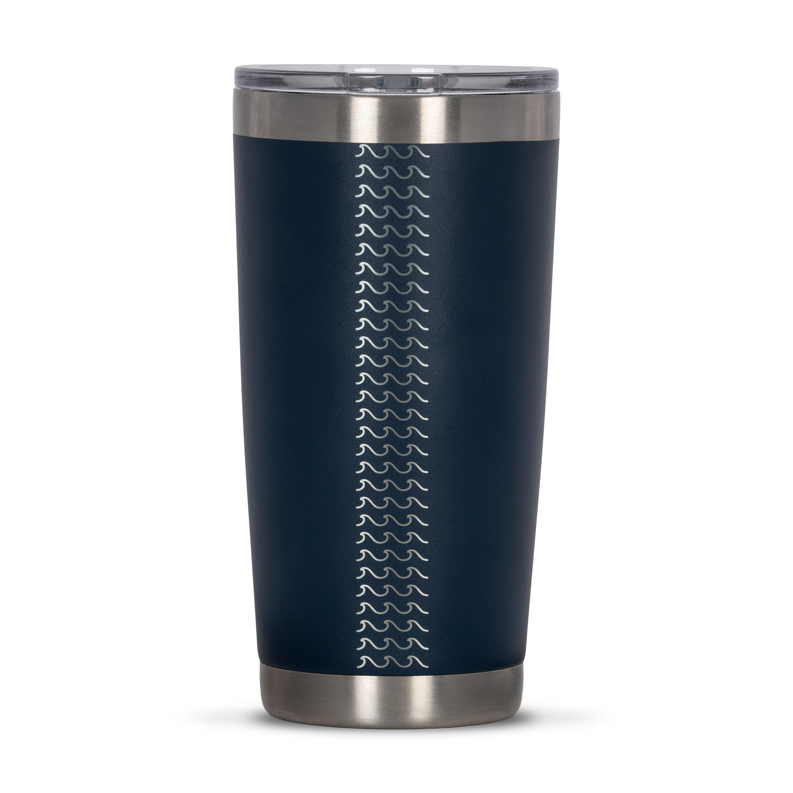 Rear view of blue 590ml stainless steel drink tumbler with clear lid and silver etched wave pattern on side.