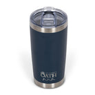 Front view from above of blue 590ml stainless steel drink tumbler with clear lid and silver etched outdoor oath logo and wave icon on side.