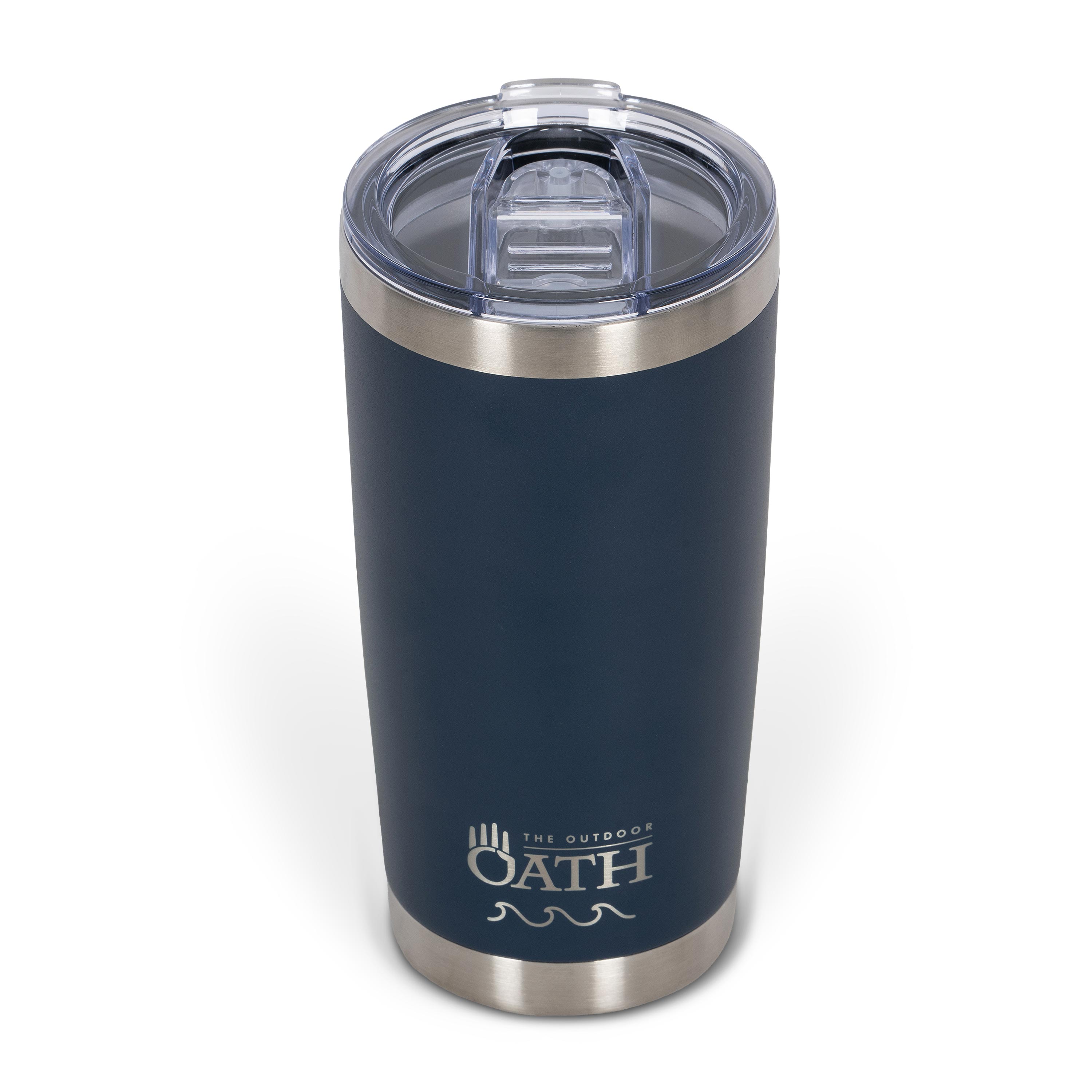 Front view from above of blue 590ml stainless steel drink tumbler with clear lid and silver etched outdoor oath logo and wave icon on side.
