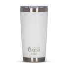 Front view of white 590ml stainless steel drink tumbler with clear lid and silver etched outdoor oath logo and wave icon on side.
