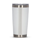 Rear view of white 590ml stainless steel drink tumbler with clear lid and silver etched wave pattern on side.