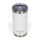 Front view from above of white 590ml stainless steel drink tumbler with clear lid and silver etched outdoor oath logo and wave icon on side.