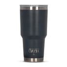 Front view of dark grey 890ml stainless steel drink tumbler with clear lid and silver etched outdoor oath logo and kangaroo paw icon on side.