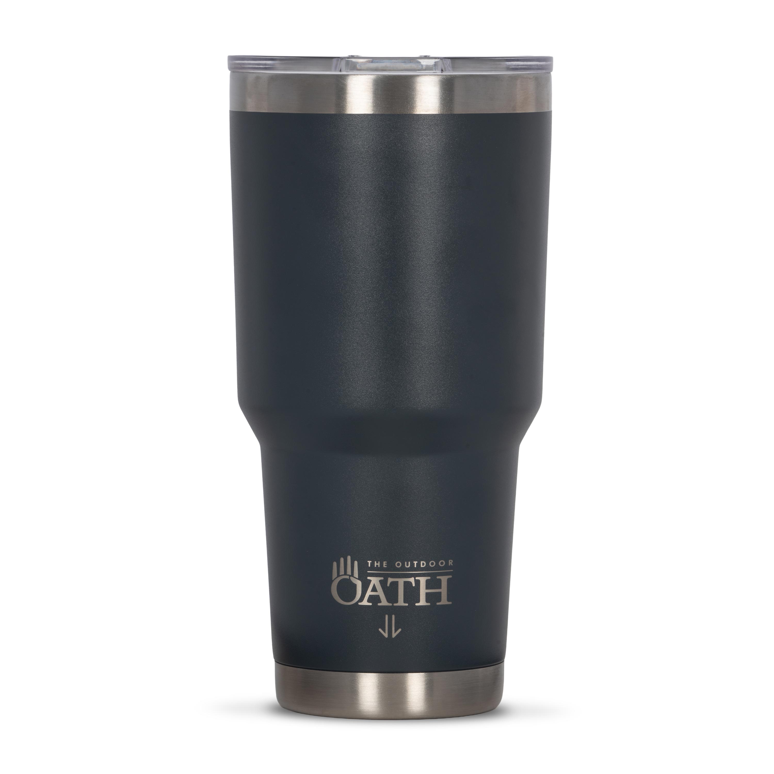 Front view of dark grey 890ml stainless steel drink tumbler with clear lid and silver etched outdoor oath logo and kangaroo paw icon on side.