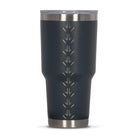 Rear view of dark grey 890ml stainless steel drink tumbler with clear lid and silver etched kangaroo paw track pattern on side.
