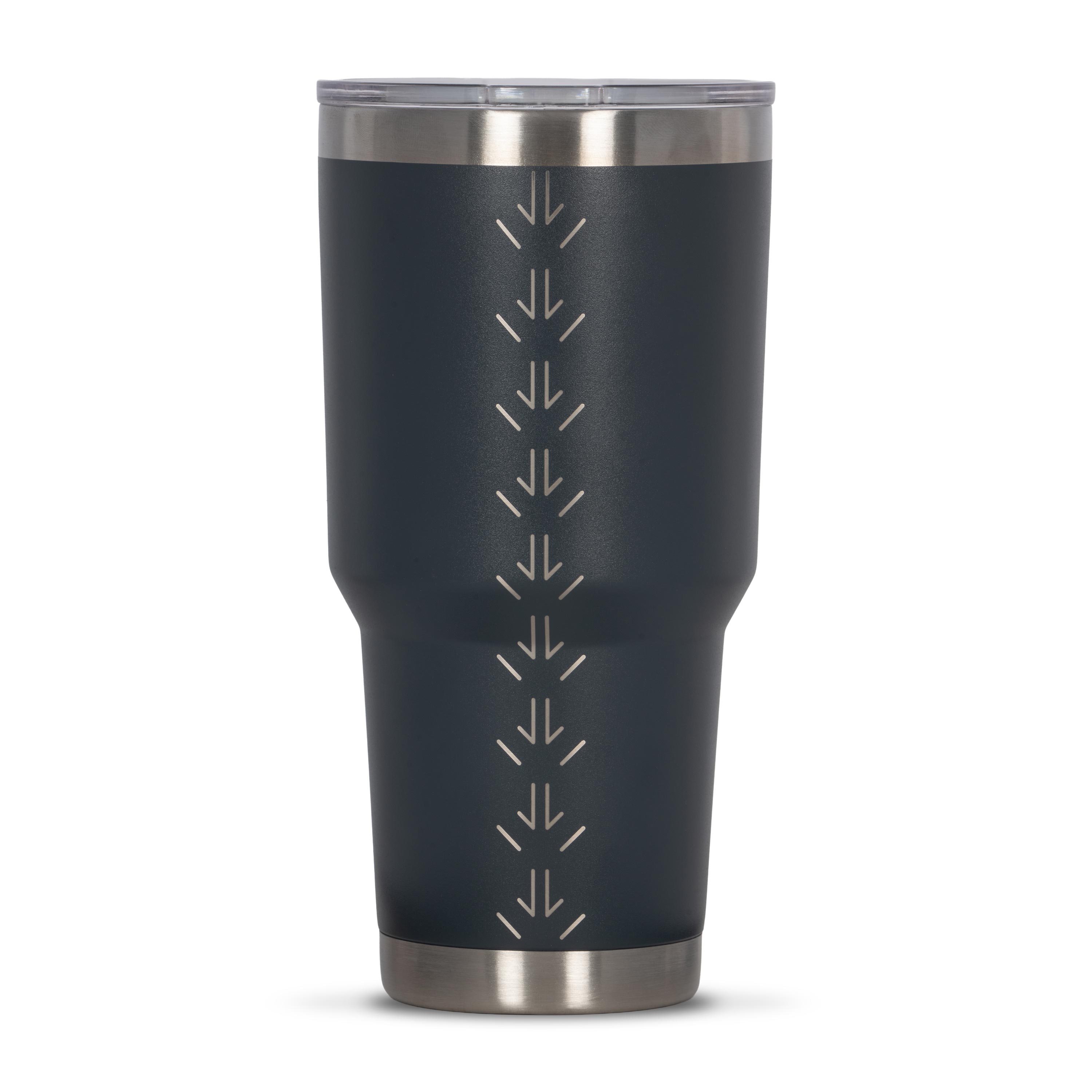 Rear view of dark grey 890ml stainless steel drink tumbler with clear lid and silver etched kangaroo paw track pattern on side.