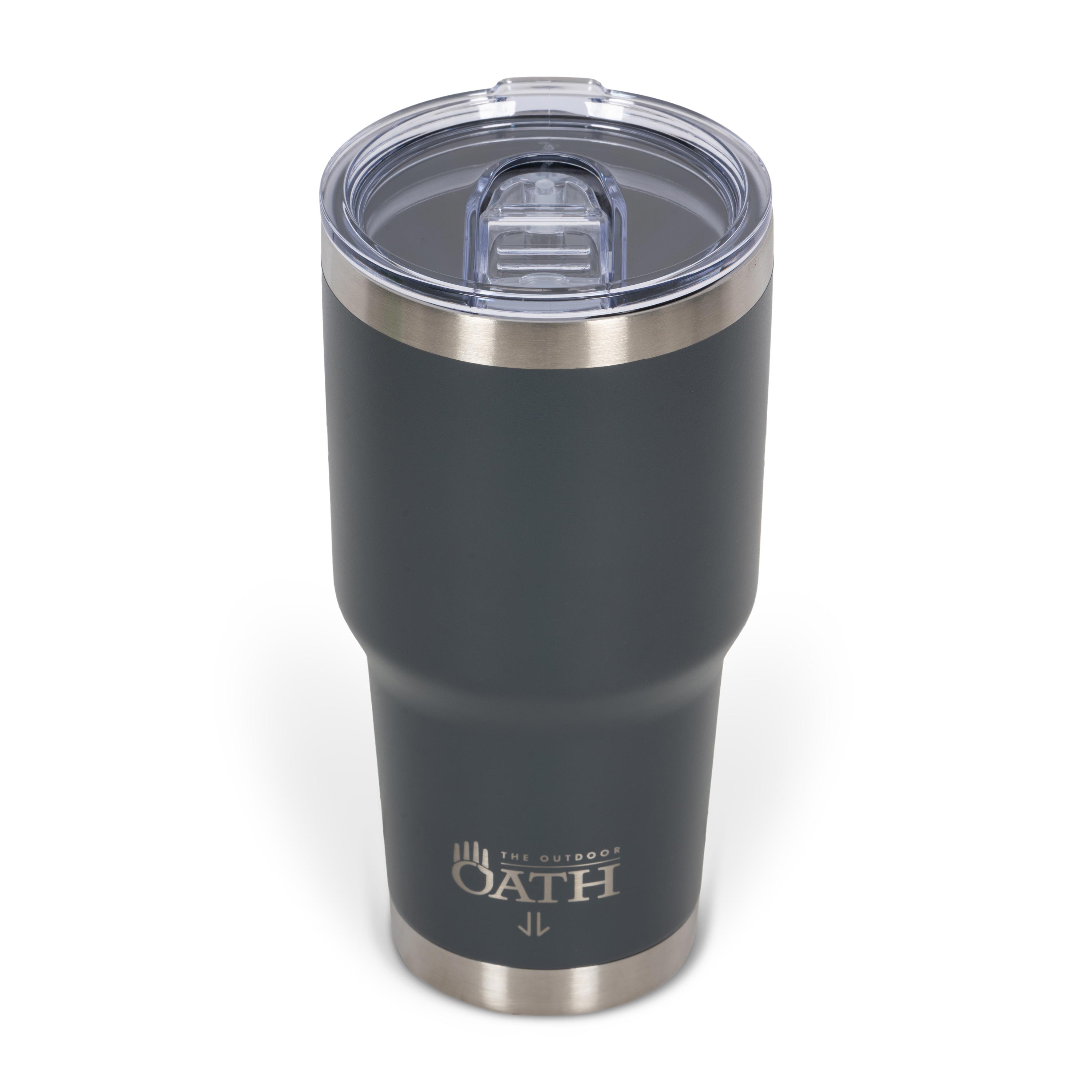 Front view from above of dark grey 890ml stainless steel drink tumbler with clear lid and silver etched outdoor oath logo and kangaroo paw icon on side.