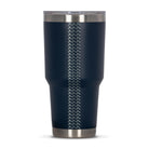 Rear view of blue 890ml stainless steel drink tumbler with clear lid and silver etched wave pattern on side.