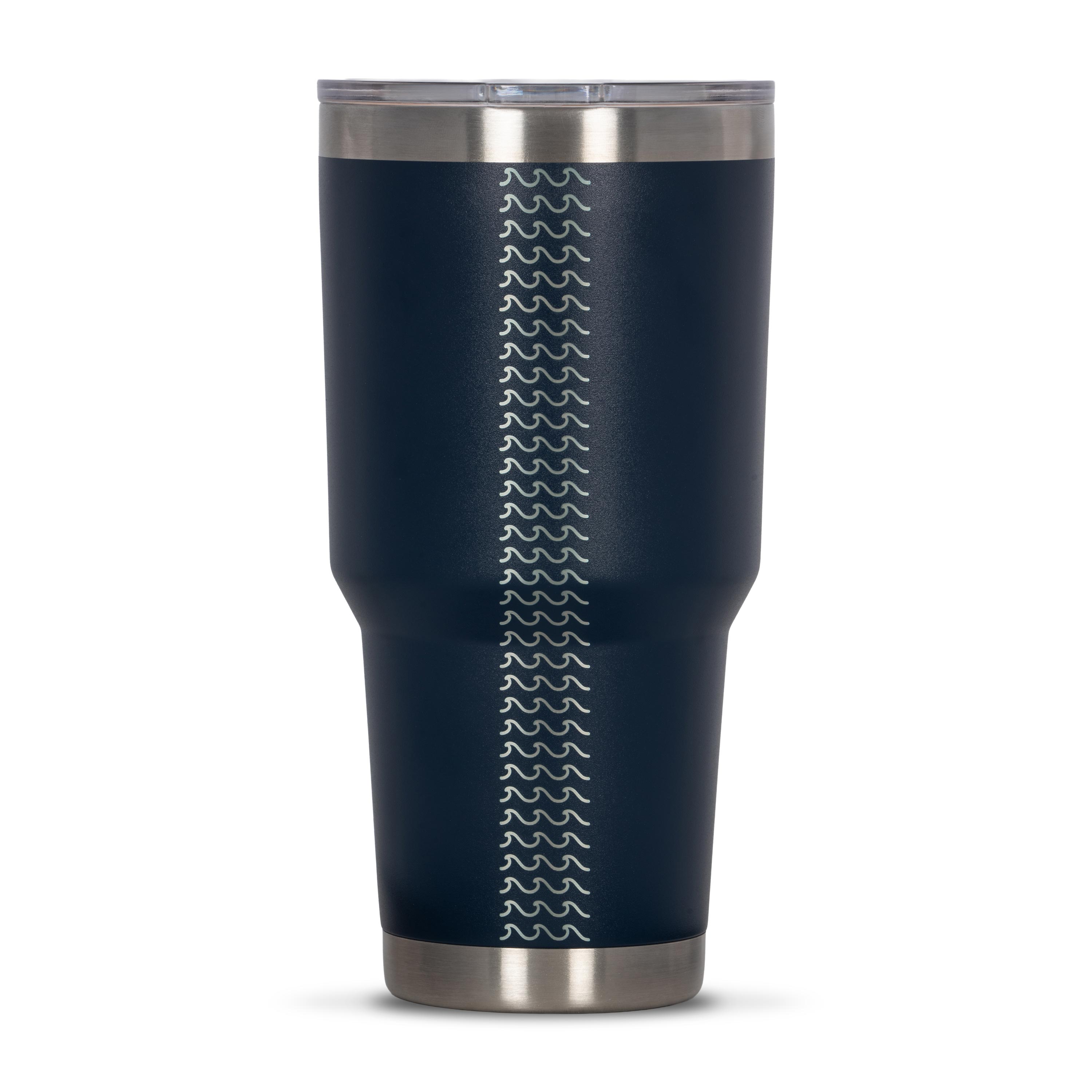 Rear view of blue 890ml stainless steel drink tumbler with clear lid and silver etched wave pattern on side.