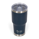 Front view from above of blue 890ml stainless steel drink tumbler with clear lid and silver etched outdoor oath logo and wave icon on side.