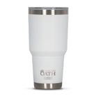 Front view of white 890ml stainless steel drink tumbler with clear lid and silver etched outdoor oath logo and wave icon on side.