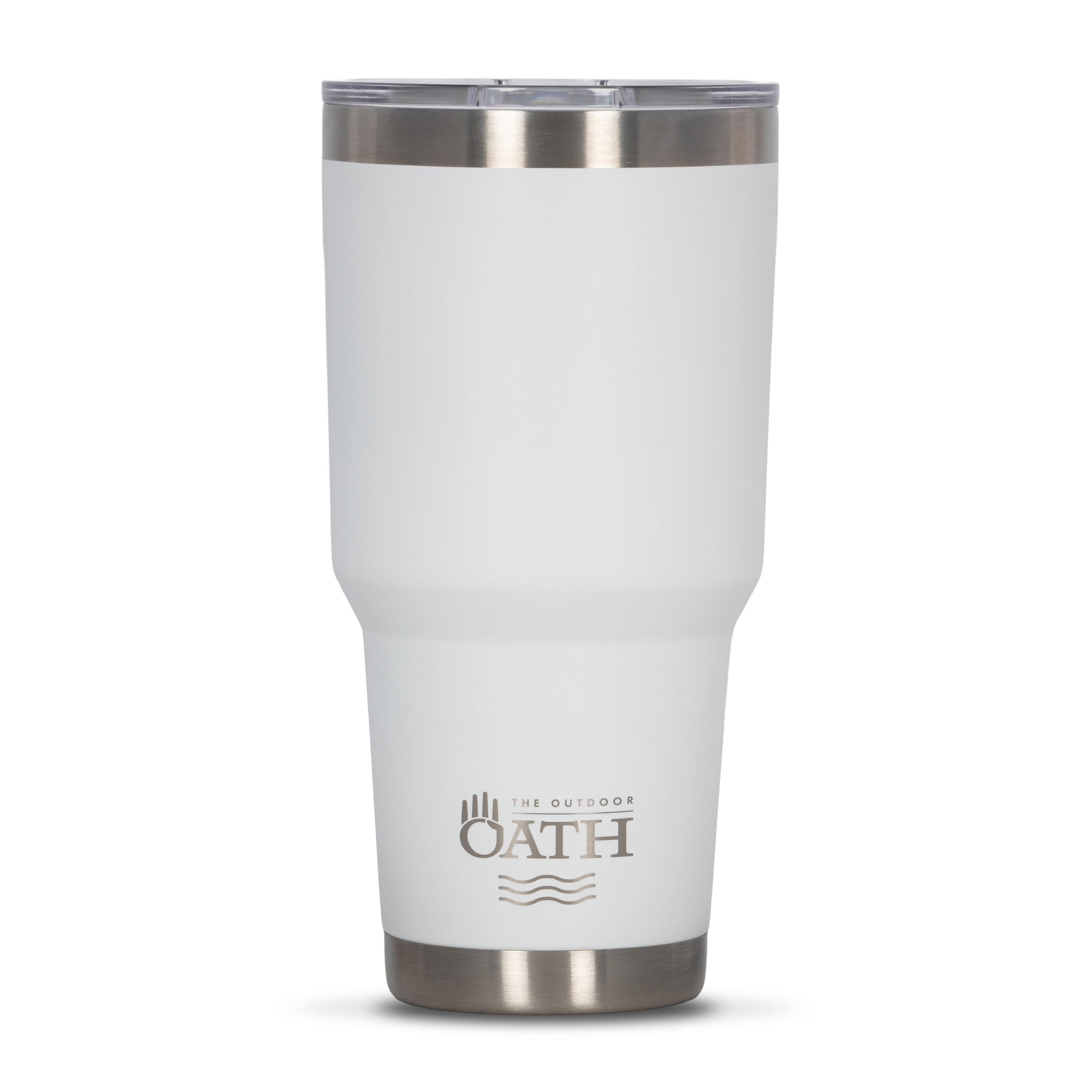 Front view of white 890ml stainless steel drink tumbler with clear lid and silver etched outdoor oath logo and wave icon on side.