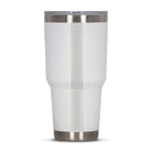 Rear view of white 890ml stainless steel drink tumbler with clear lid and silver etched wave pattern on side.