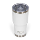 Front view from above of white 890ml stainless steel drink tumbler with clear lid and silver etched outdoor oath logo and wave icon on side.