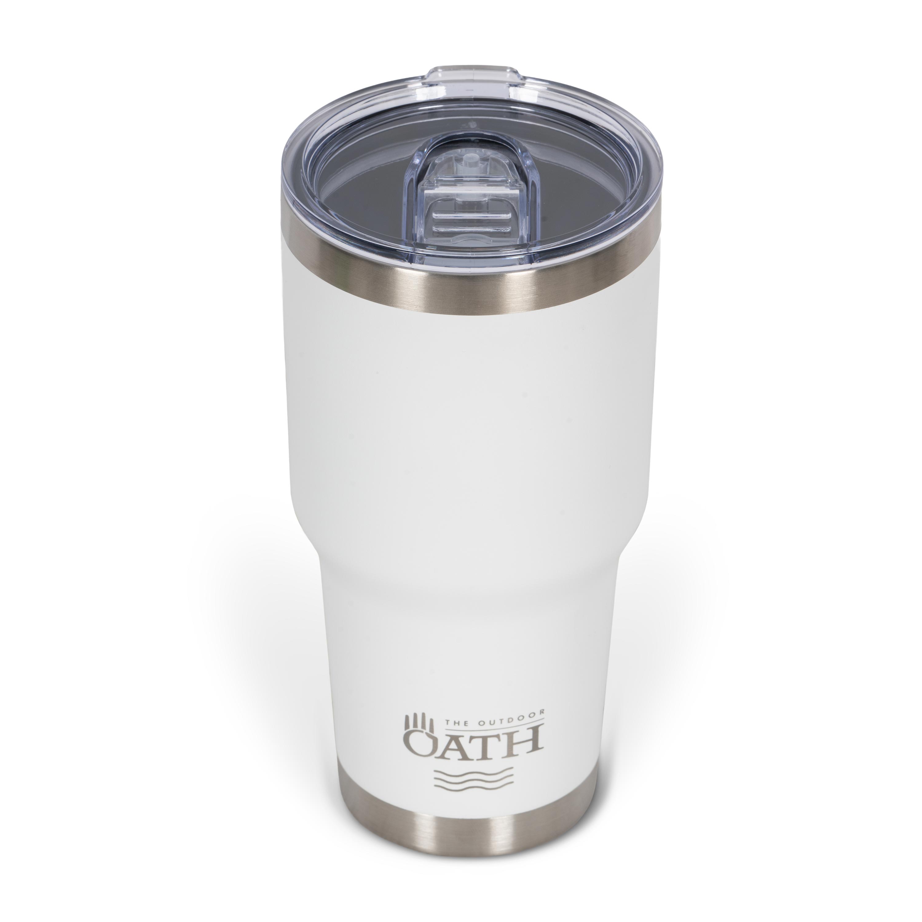 Front view from above of white 890ml stainless steel drink tumbler with clear lid and silver etched outdoor oath logo and wave icon on side.