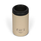 Front view from above of empty tan 375ml stainless steel can cooler. Silver etched outdoor oath logo and sand dune icon on side.