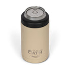 Front view from above of tan 375ml stainless steel can cooler with drink can inside. Silver etched outdoor oath logo and sand dune icon on side.