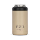 Front view of tan 375ml stainless steel can cooler with drink can inside. Silver etched outdoor oath logo and sand dune icon on side.