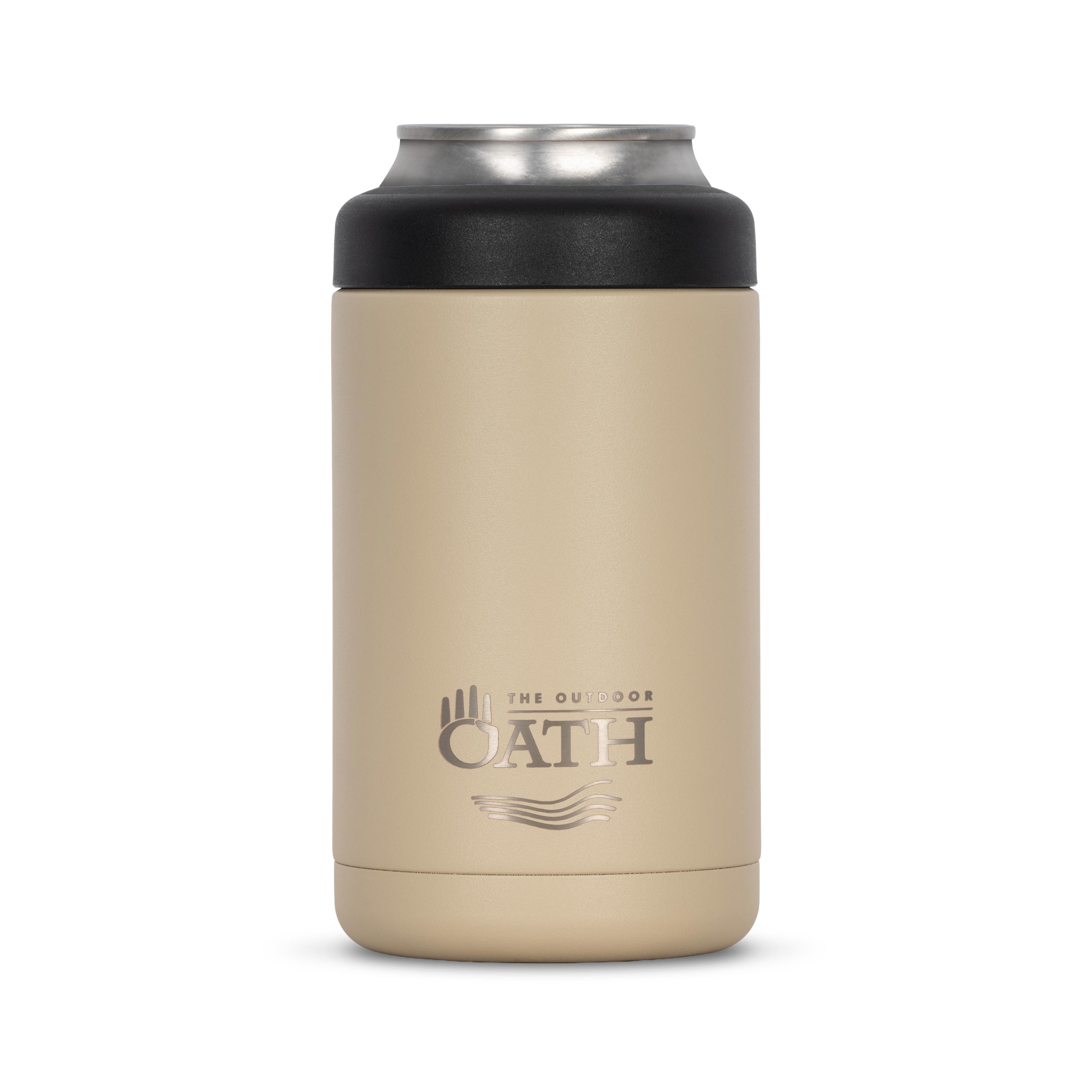 Front view of tan 375ml stainless steel can cooler with drink can inside. Silver etched outdoor oath logo and sand dune icon on side.