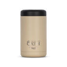 Front view of tan 375ml stainless steel can cooler. Silver etched outdoor oath logo and sand dune icon on side.