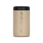 Rear view of tan 375ml stainless steel can cooler. Silver etched sand dune pattern on side.