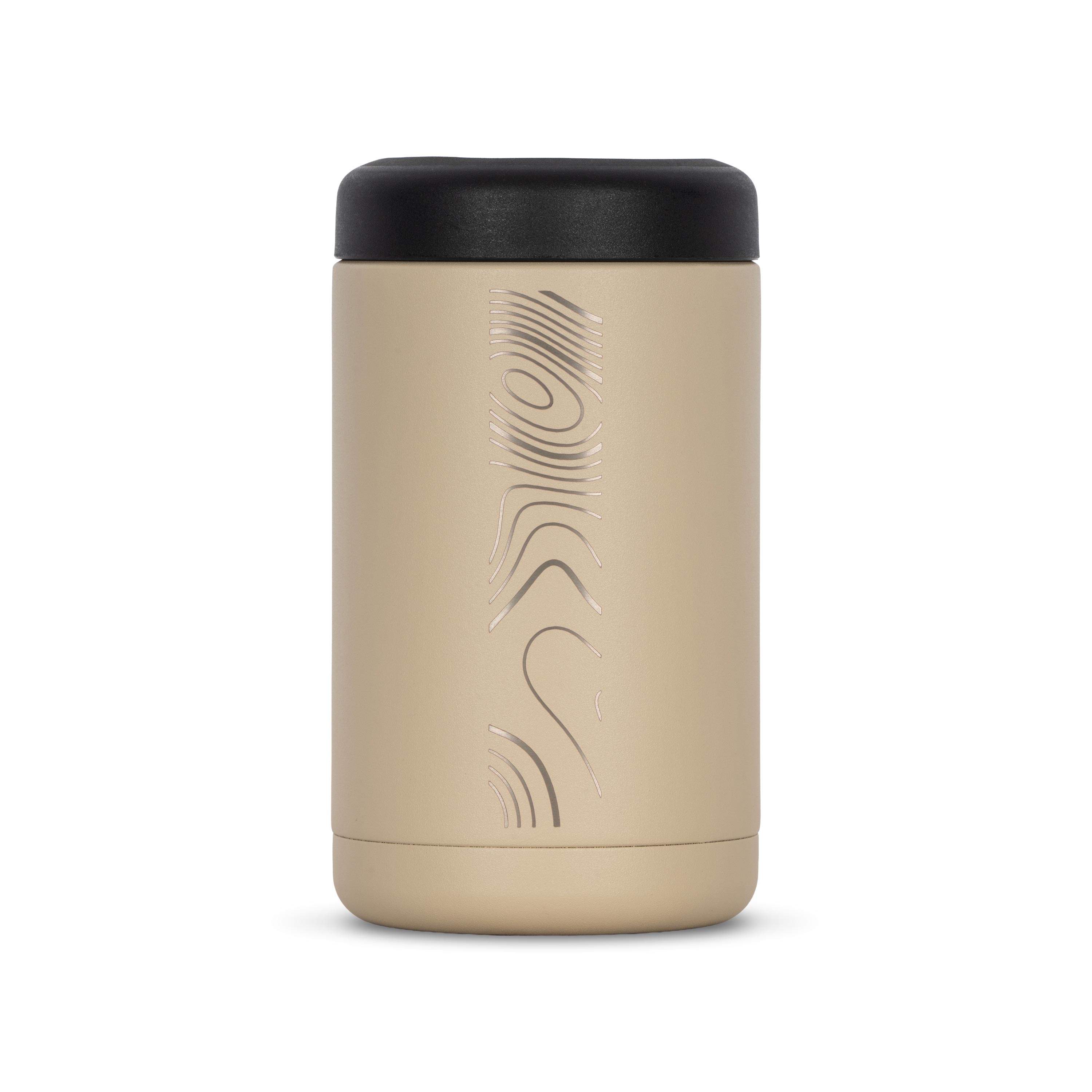 Rear view of tan 375ml stainless steel can cooler. Silver etched sand dune pattern on side.