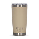 Front view of tan 590ml stainless steel drink tumbler with clear lid and silver etched outdoor oath logo and sand dune icon on side.